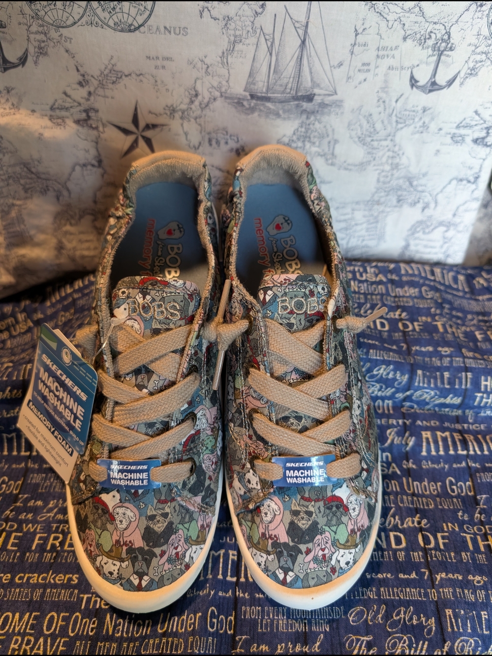 BOBS by Skechers Floral & Cat Print Slip-On Sneakers - Green/Tan - Picture 4 of 8